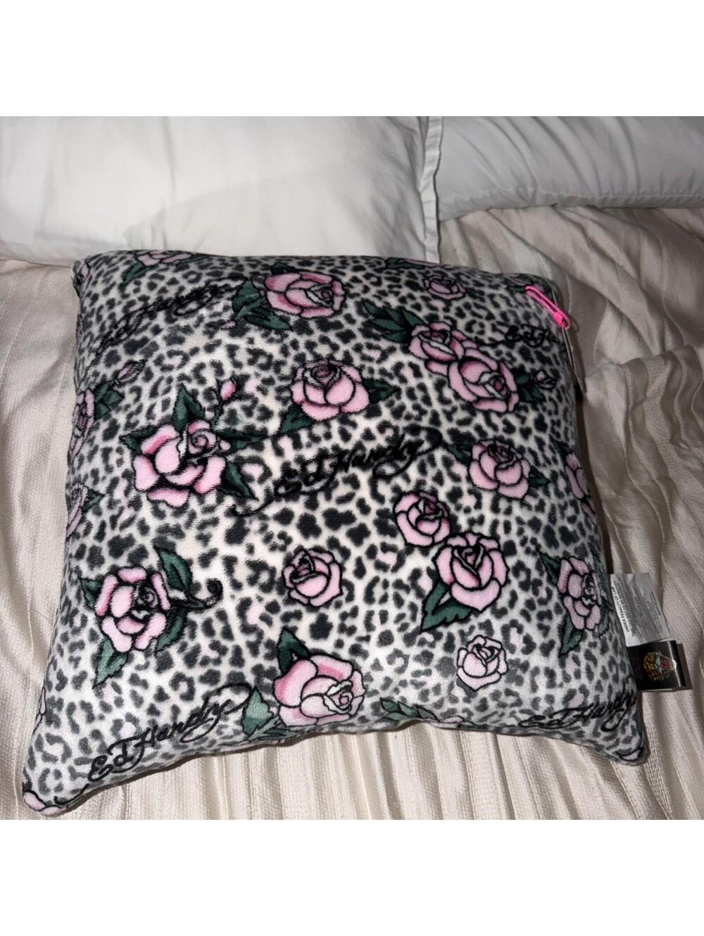 Ed Hardy Cheetah Leopard Pink Roses Pillow